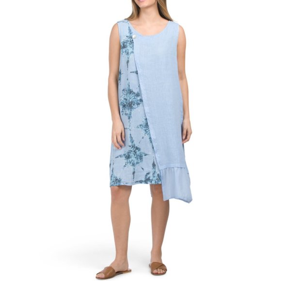 BELLAMBRA Italy Linen Asymmetrical Printed Dress With Button Detail